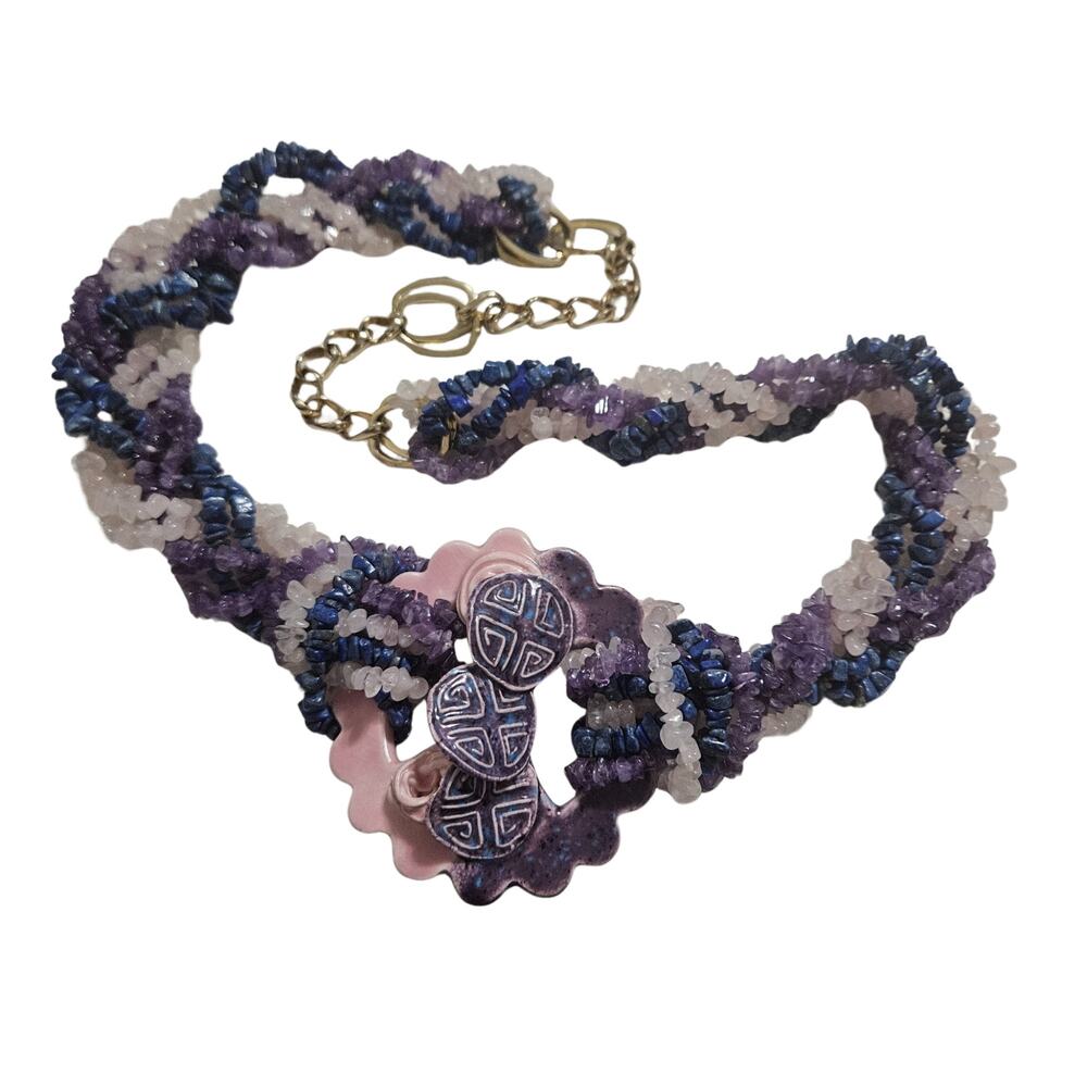 Ceramic Purple Amethyst Lapis Lazuli Rose Quartz Belt Statement Buckle Vintage